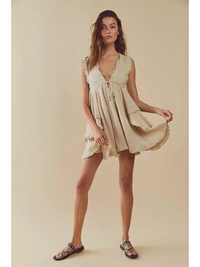 Free People Beige Layered Ruffle Ruched V-Neck Mini Dress S | Coastal Boho Indie
